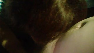 Plus-size ginger-haired providing husband blowage and guzzling cum pov
