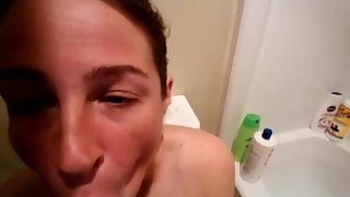 Amateur lady bi-racial blowjob in bathroom loves black cock
