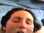 Slut wife sucking a sausage for jizm on her face 2