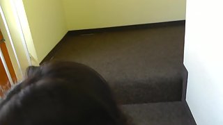 Hot dark haired getting cum all over her tits after being ass-fucked on the stairs
