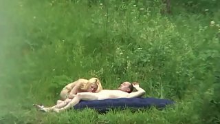 Ultra-cute blonde giving her balding lover oral and full sex outdoors